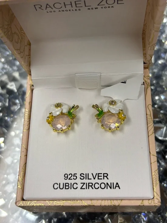 Rachel Zoe Gold-Tone Pink and Green Cubic Zirconia Stud Earrings - Picture 6 of 6